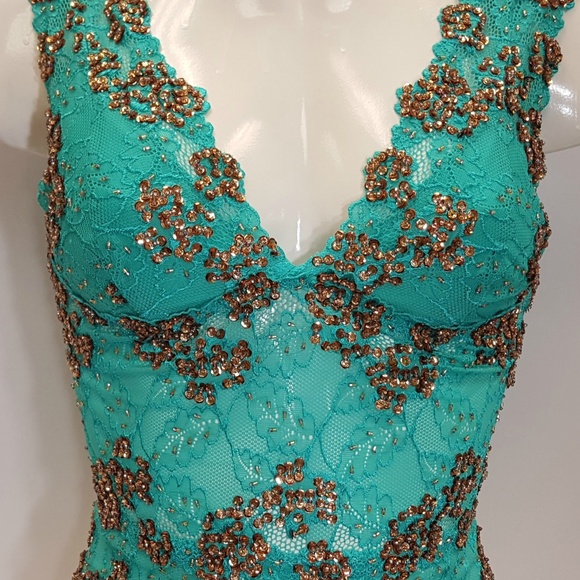 Beaded lace blouse top green bronze combination - Picture 1 of 6